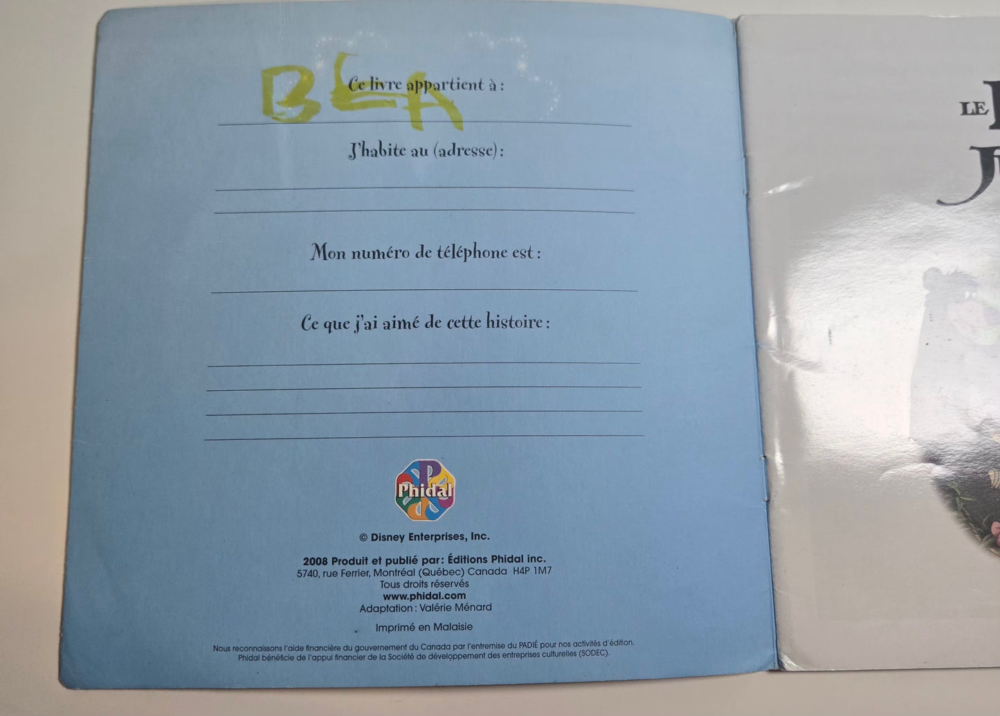 Le livre de la jungle *écriture sur la première page*